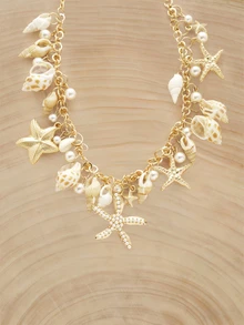 Glizzene 1 pieza Collar con cuentas de conchas marinas de estilo bohemio, collar de vacaciones para mujeres y niñas, accesorio casual para fiesta en la playa, collar con perlas y conchas de moda - Multicolor - Ver 2