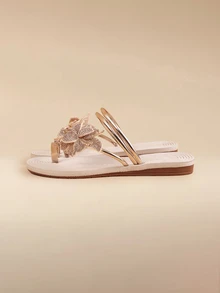 Glizzene Summer New Solid Color Ladies Flat Sandals, Slip-On Toe Comfortable Beach Style Strap Sandals - Gold - View 4