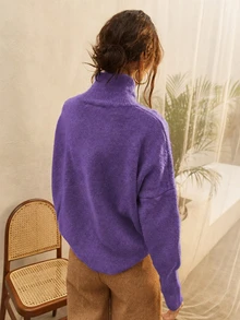 Knit Mix 优雅女士高领宽松针织毛衣，加厚长袖套头衫，适合秋冬季节，情人节和返校季时尚必备单品 - 紫藍 - 查看 3