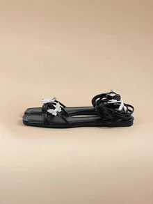 Glizzene Women's Black Rhinestone Butterfly Flat Sandals, Square Toe Crossed Thin Straps Fashionable Sandals With Ties - Black - View 5