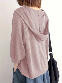 Lightweight Women's Hooded Knit Cardigan, Regular Fit 3/4 Sleeve Front Button Cardigan Sweater, Autumn Women's Clothing First Choice - Rusty Rose - View 2
