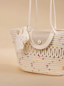 Glizzene Fashionable Large Capacity Woven Straw Tote, Casual Bag With Scarf Decoration, Hollow Out Rope Design Handbag - Beige - View 5