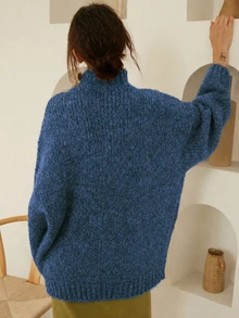Knit Mix 优雅女士厚针织法式高领长袖毛衣，低调复古硬币图案套头衫，适合秋冬季、圣诞节、感恩节、新年、时尚休闲日常穿着以及返校季穿着。 - 藏蓝色 - 查看 3