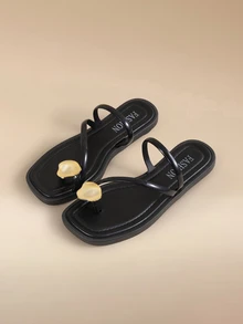 女士凉鞋，新款简约优雅果冻鞋底舒适防滑凉鞋，休闲平底方头拖鞋，柔软轻便平底女鞋，黑色凉鞋，时尚休闲少女拖鞋，户外散步度假沙滩平底凉鞋，透气女鞋，女士拖鞋，女士凉鞋，人字拖 - 黑色 - 查看 1
