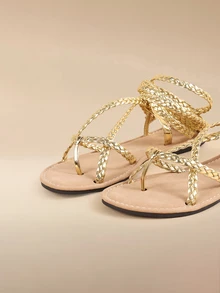 Glizzene Women's Fairy Style Criss-Cross Woven Flat Gladiator Sandals, Fashion & Comfortable Outdoor Party Open Toe Sandals - Gold - View 5