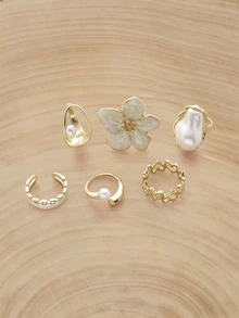 Glizzene 6pcs/Set Baroque Style Drip Oil Flower & Pearl Decor, Heart Embracing, Double Layer Chain Rings Set For Women - Gold - View 3
