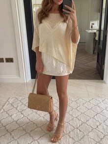 New Spring/Summer Women's Beige Loose Lightweight Sun Protection Cape Sleeve Knit Top, Suitable For Outings, Dates, Beach - Light Apricot - View 11