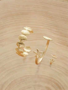 Glizzene 1 Set Fashionable Minimalist Ocean Style Starfish & Shell Adjustable Bracelet & Ring Jewelry Set, Gift For Women Holiday Travel - Yellow Gold - View 4