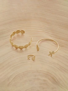 Glizzene 1 Set Fashionable Minimalist Ocean Style Starfish & Shell Adjustable Bracelet & Ring Jewelry Set, Gift For Women Holiday Travel - Yellow Gold - View 3