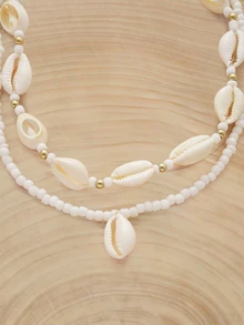 Glizzene 2 piezas Collar multicapa bohemio con cuentas y colgante de concha para mujeres - Blanco - Ver 2