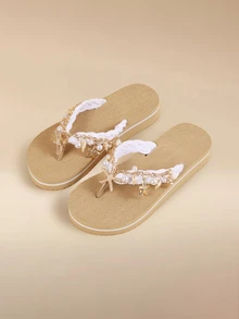 Glizzene Handmade Natural Shell & Starfish Rhinestone Decorated Belt, Woven Design Casual Beach Sandals 3cm Thick Sole Contrast Color Flip Flops - Beige and White/Contrast - View 6
