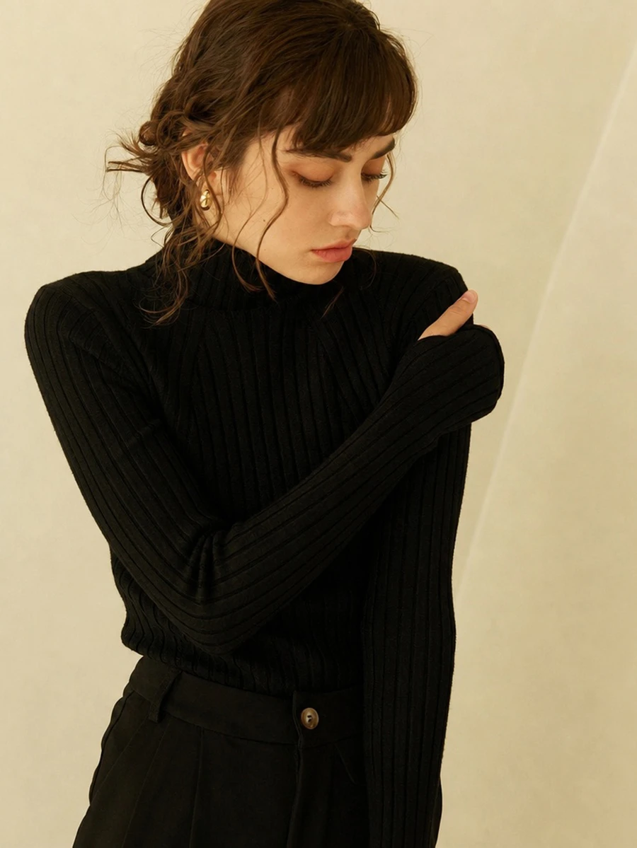 Knit Mix 優雅女款秋冬時尚休閒法式風針織高領長袖套頭毛衣上衣返校襯衫 - 黑色 - 查看 1