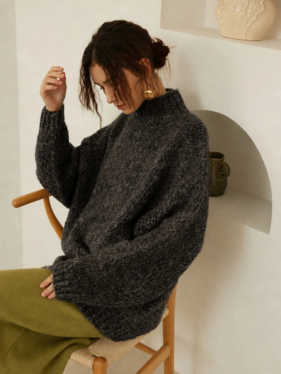 Knit Mix 优雅女士加厚针织法式高领长袖毛衣，低调复古硬币图案套头衫，适合秋冬季、圣诞节、感恩节、新年等节日穿着，时尚休闲日常穿着，返校季必备