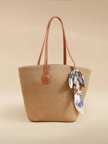 Glizzene 1pc Women's Boho Tropical Plants Printed Hat + 1pc Matching Handbag, For Holiday/Vacation - Khaki - View 3