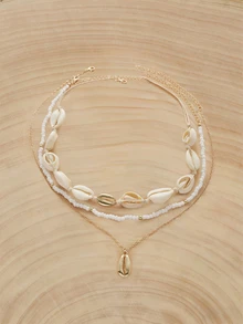 Glizzene 1 Set Of 3 Fashionable Beach Shell & Beaded Braided Necklaces For Women's Accessories - Beige - View 1