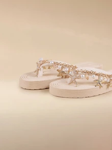 Glizzene Cordones de zapatos decorados con conchas naturales y estrellas de mar con rhinestones, diseño trenzado de sandalias planas casuales para la playa, adecuadas para el verano, las vacaciones y los viajes, chanclas planas con relieve, cómodas, suaves y antideslizantes para mujeres - Beis - Ver 5