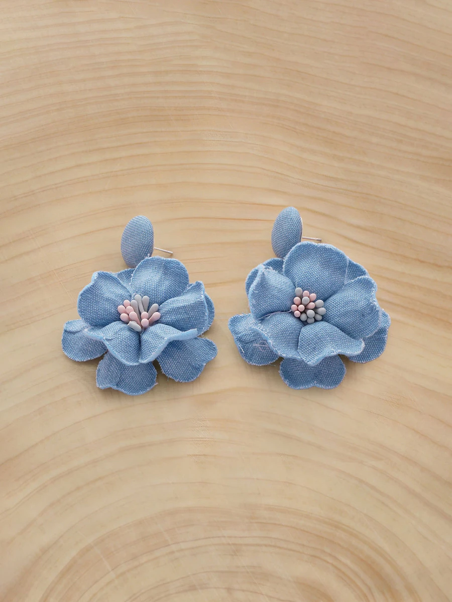 Glizzene 1 Pair Vintage Fabric Flower Earrings, Blue Floral, Fresh & Sweet Style For Women - Multicolor - View 1