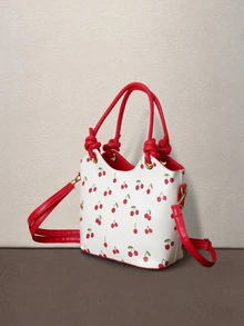 Hatastic Cute Cherry Print Women's Handbag Shoulder Bag Mini Bucket Bag, Suitable For Girls In Summer For Commuting, Shopping, Wedding Photography - Red - View 3