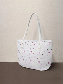 Hatastic 2pcs/Set New Large Capacity All-Over Print Design Bow & Floral Pattern Decor Dual Handle Tote Bag Back To School - White - View 3