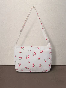 Hatastic 1pc Strawberry & Cherry Printed Corduroy Women's Crossbody Bag, Adjustable Shoulder Strap Square Tote Bag Back To School - White - View 1