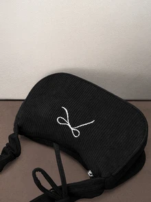 Hatastic 1件黑色燈芯絨布料平滑拉鍊抽繩肩帶設計蝴蝶結刺繡時尚百搭休閒獨特單肩包萬聖節 - 查看 5