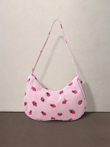 Hatastic 1pc Fashion Solid Color Corduroy Shoulder Bag, Strawberry Pattern, Casual Crescent Handbag, Multifunctional Work Bag For Women Halloween - Pink - View 2
