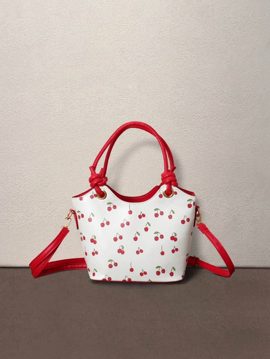 Hatastic Cute Cherry Print Women's Handbag Shoulder Bag Mini Bucket Bag, Suitable For Girls In Summer For Commuting, Shopping, Wedding Photography - Red - View 1