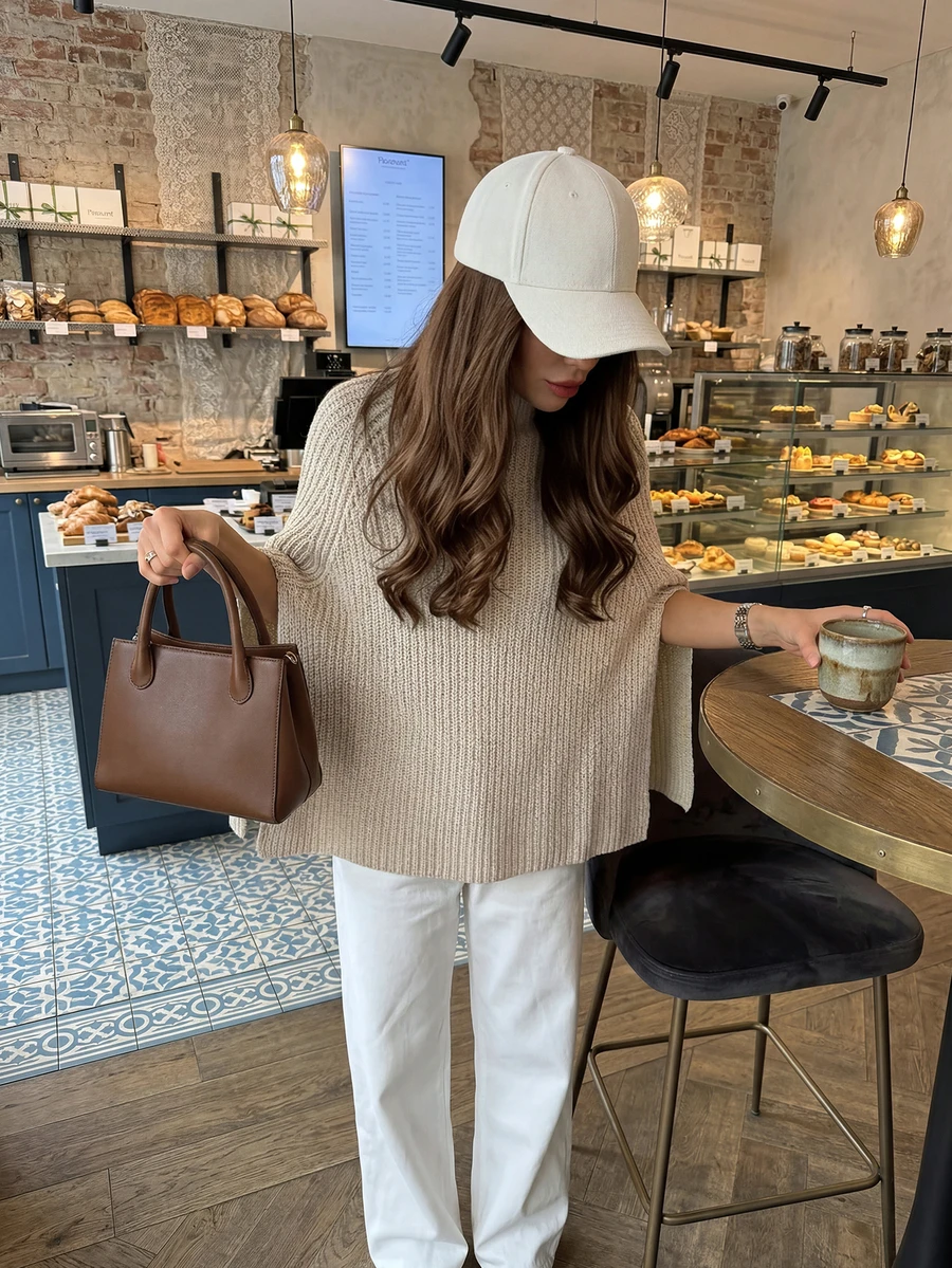 MORI Sweater Wanita Musim Gugur Musim Dingin Y2K Elegan Beige Leher Tinggi Model Mock Neck Lengan Terbuka Belahan Rajut Bergaris Model Cape Sweater Pullover Atasan untuk Pakaian Kembali ke Sekolah - Aprikot Kakao - View 1