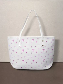 Hatastic 2pcs/Set New Large Capacity All-Over Print Design Bow & Floral Pattern Decor Dual Handle Tote Bag Back To School - White - View 2