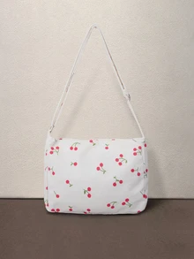 Hatastic 1pc Strawberry & Cherry Printed Corduroy Women's Crossbody Bag, Adjustable Shoulder Strap Square Tote Bag Back To School - White - View 2