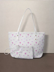 Hatastic 2pcs/Set New Large Capacity All-Over Print Design Bow & Floral Pattern Decor Dual Handle Tote Bag Back To School - White - View 1