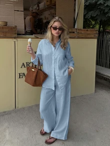 老錢風女款透明素色優雅服飾，適合夏季與度假，淺藍色亞麻混紡兩件式休閒夏季套裝 - 淺藍色 - 查看 1