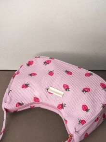 Hatastic 1pc Fashion Solid Color Corduroy Shoulder Bag, Strawberry Pattern, Casual Crescent Handbag, Multifunctional Work Bag For Women Halloween - Pink - View 5