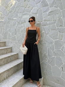 Conjunto de 2 piezas para mujer de verano elegante y casual con top camisola sin espalda negro y falda larga, adecuado para fiesta, playa, vacaciones - Negro - Ver 2