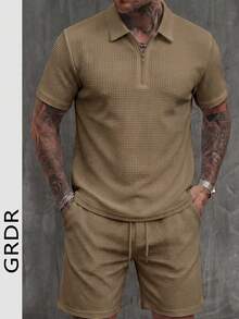 GRDR 男士华夫格纹 Polo 衫和短裤两件套，休闲通勤舒适简约风 - 卡其色 - 查看 3