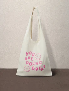 Hatastic 1pc Women's Canvas Tote Bag With Face & Letter Print Back To School - View 1