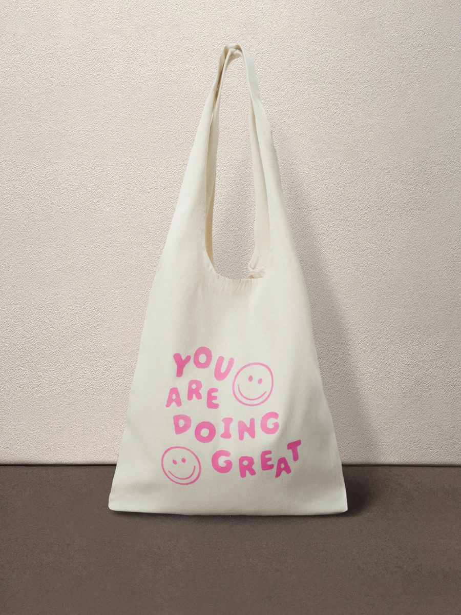Hatastic 1pc Women's Canvas Tote Bag With Face & Letter Print Back To School - View 1