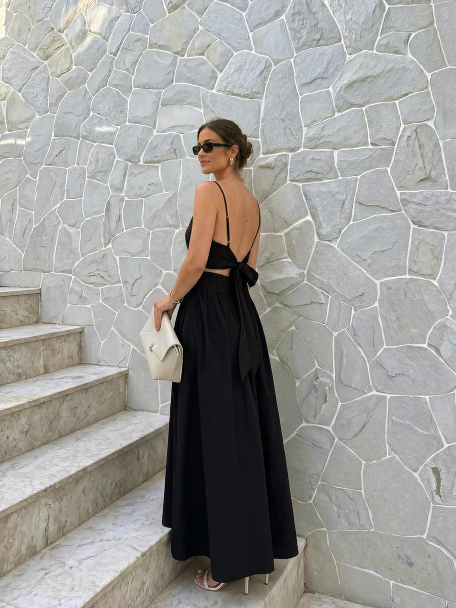 Conjunto de 2 piezas para mujer de verano elegante y casual con top camisola sin espalda negro y falda larga, adecuado para fiesta, playa, vacaciones - Negro - Ver 1