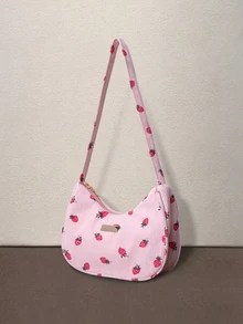 Hatastic 1pc Fashion Solid Color Corduroy Shoulder Bag, Strawberry Pattern, Casual Crescent Handbag, Multifunctional Work Bag For Women Halloween - Pink - View 3