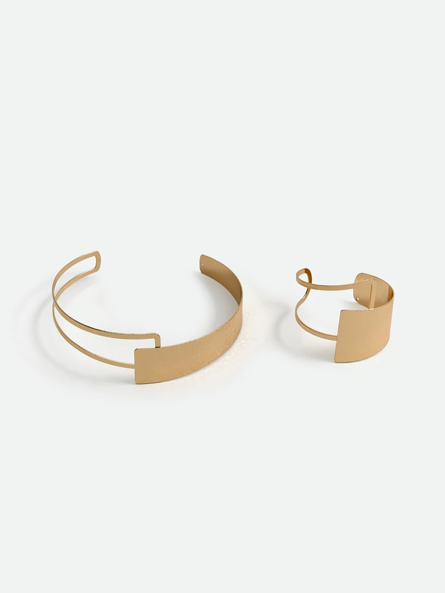CHICVUE 1 Set Fashion Street Style Geometric Collar Necklace And Bracelet With Niche Design, Wide Metallic Simple European Style, All-Match Female - Gold - View 1