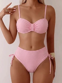 2pcs Swimwear Set. Bikini Top With Underwire Cups And Adjustable Removable Straps. Tropical Print Bikini Bottom With Drawstring. Vacation Beach Summer - Multicolor - View 2