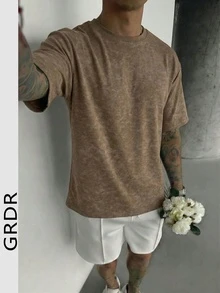 GRDR 男士复古简约纯色水洗短袖T恤，舒适透气，适合夏季穿着，引领时尚潮流 - 棕色 - 查看 2