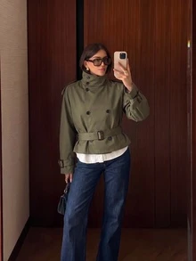 女款素色前扣口袋腰帶式風衣外套，優雅通勤街頭風，秋冬新款 - 軍綠色 - 查看 2