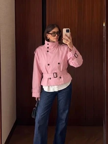 女款素色前扣口袋腰帶式風衣外套，優雅通勤街頭風，秋冬新款 - 西瓜粉 - 查看 2