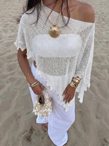 SEREN New Women's White Knit Cover-Up, Sexy Style Summer Beach Vacation Outfit, Women's Outing Top, Summer Top, Women's Knit Shawl - White - View 2