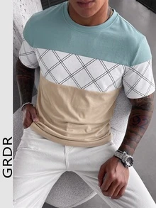 GRDR 1pc Men's Casual Contrast Color Round Neck Short Sleeve T-Shirt, Business Style, Summer - Blue and White - View 2