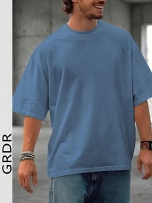 GRDR Men's Fashionable Loose Fit Short Sleeve T-Shirt | Exquisite Design | Summer Essential | Easy To Match | Showcase Your Style - Dusty Blue - View 2