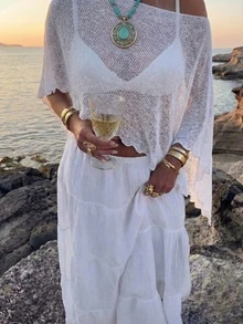 SEREN New Women's White Knit Cover-Up, Sexy Style Summer Beach Vacation Outfit, Women's Outing Top, Summer Top, Women's Knit Shawl - White - View 4