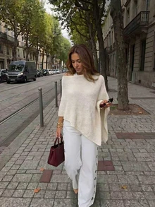 Women's Casual Vacation Style Solid Color Asymmetrical Neck Batwing Sleeve Loose Sweater, Spring/Autumn Summer - Beige Color - View 6