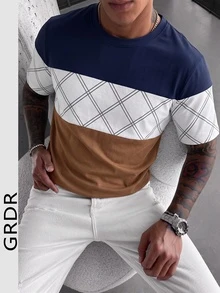 GRDR 男士休闲撞色圆领短袖T恤，商务风格，夏季款，1件装 - 藏蓝色 - 查看 2
